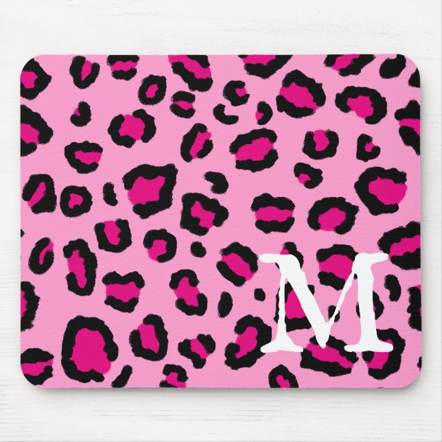 Tapis De Souris Monogramme Empreinte de léopard rose chaud (Devant)