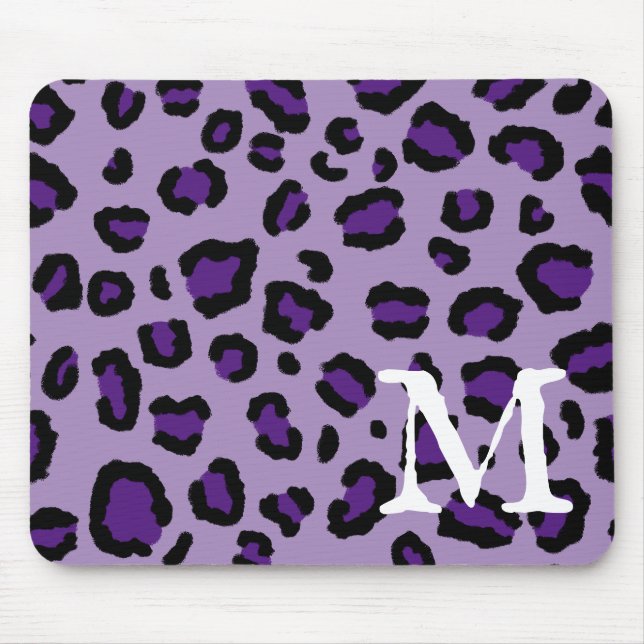 Tapis De Souris Monogramme Empreinte de léopard royal pourpre (Devant)