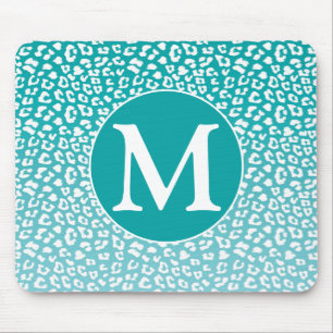 Tapis De Souris Monogramme Empreinte de léopard Turquoise