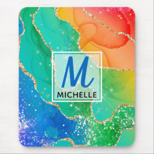 Tapis De Souris Monogramme en agate de fausse brillance dorée et a