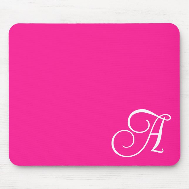 Tapis De Souris Monogramme en écriture bouclée rose chaud et blanc (Devant)