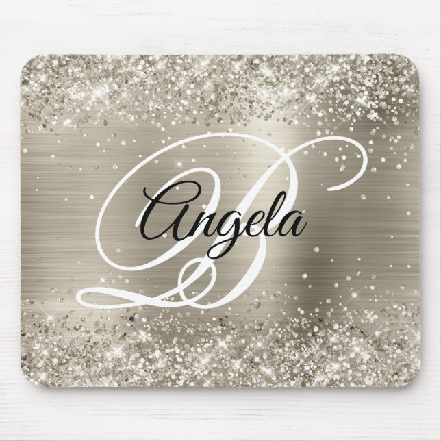 Tapis De Souris Monogramme en Paillettes de Platine Brossé (Devant)