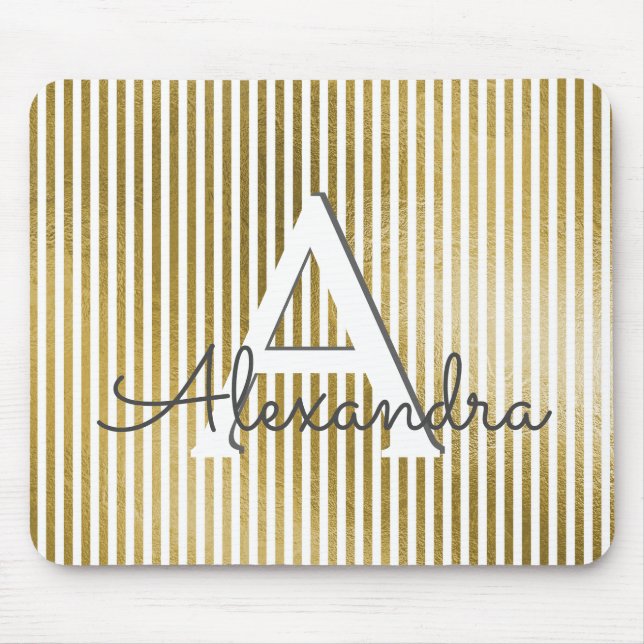 Tapis De Souris Monogramme et initiale rayés à huile blanche et or (Devant)