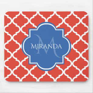 Tapis De Souris Monogramme et nom bleu Quatrefoil rouge tendance