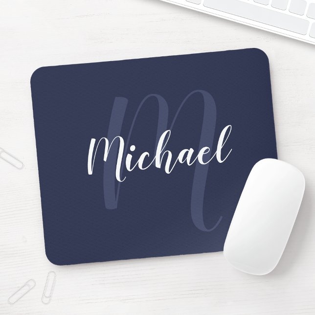 Tapis De Souris Monogramme et nom personnalisé moderne Navy Blue (Créateur téléchargé)
