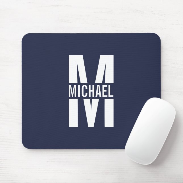 Tapis De Souris Monogramme et nom personnalisés bleu marine (Avec souris)