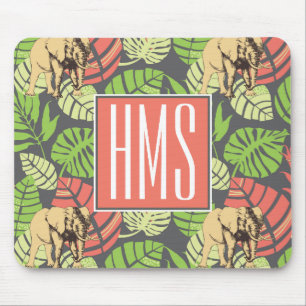 Tapis De Souris Monogramme exotique de feuille et d'éléphants   de