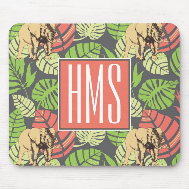 Tapis De Souris Monogramme exotique de feuille et d'éléphants | de (Devant)
