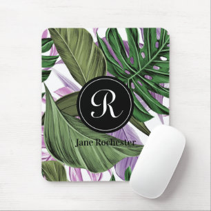 Tapis De Souris Monogramme Feuille violet vert d'été tropical