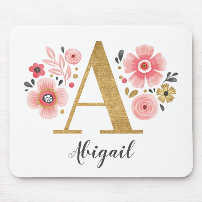 Tapis De Souris Monogramme Fille rose floral (Devant)