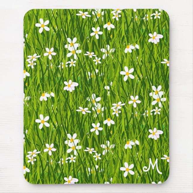 Tapis De Souris Monogramme, Fleurs blanches et Feuilles verts (Devant)