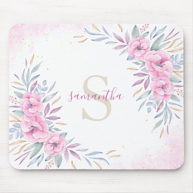 Tapis De Souris Monogramme Fleurs rose pâle Aquarelle Boho mou (Devant)