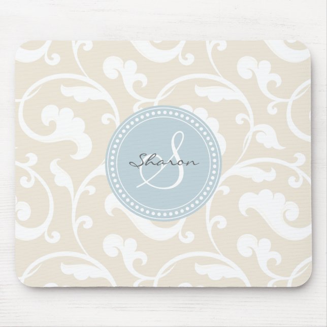 Tapis De Souris Monogramme floral beige girly élégant de motif (Devant)