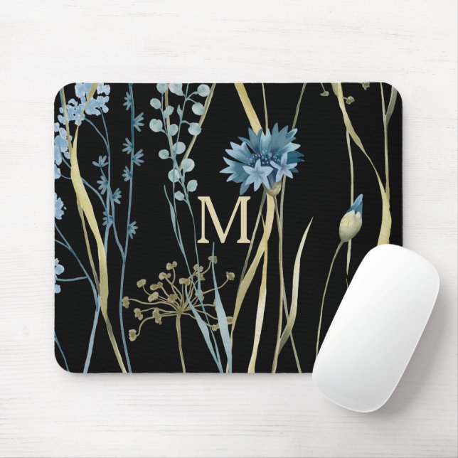 Tapis De Souris Monogramme Floral Bleu et Or sur Noir (Avec souris)