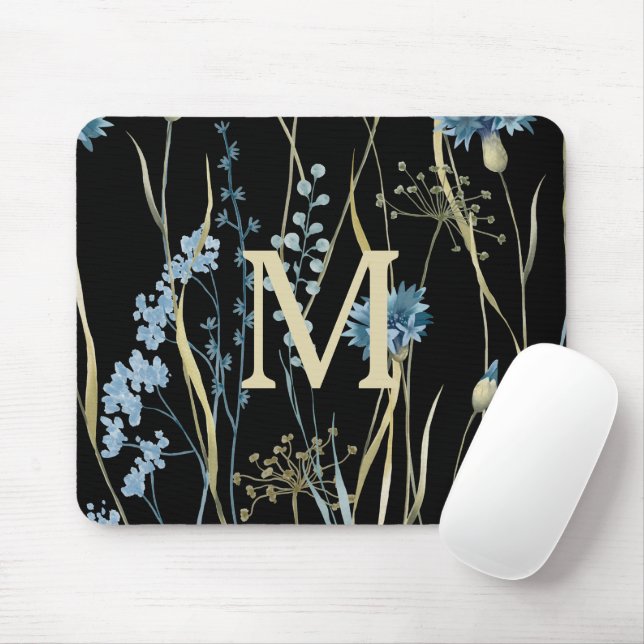 Tapis De Souris Monogramme Floral Bleu et Or sur Noir (Avec souris)