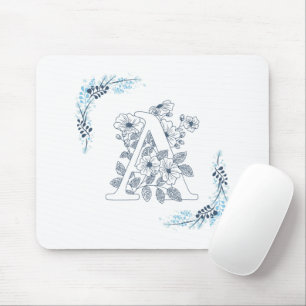 Tapis De Souris Monogramme floral bleu initial "A" calme