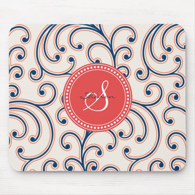 Tapis De Souris Monogramme floral bleu orange girly élégant de (Devant)