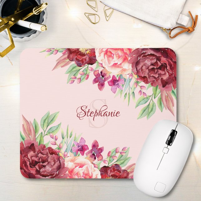 Tapis De Souris Monogramme floral Bourgogne Blush Nom (Créateur téléchargé)