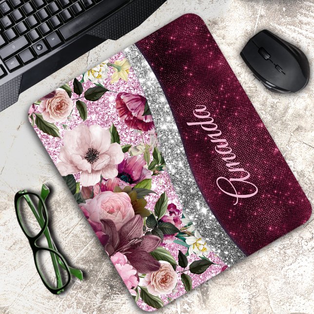 Tapis De Souris monogramme floral Burgundy rose argent faux partie (Créateur téléchargé)