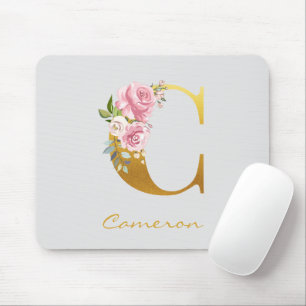 Tapis De Souris Monogramme floral faux or nom initial personnalise