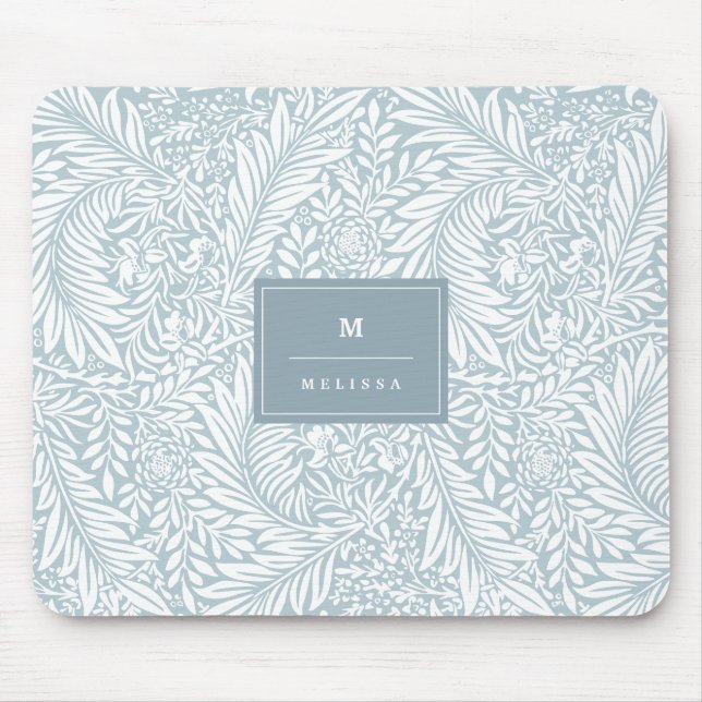 Tapis De Souris Monogramme Floral Foliage Dusty Bleu Blanc Élégant (Devant)