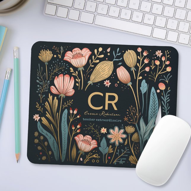 Tapis De Souris Monogramme floral moderne personnalisé Nom Profess (Créateur téléchargé)