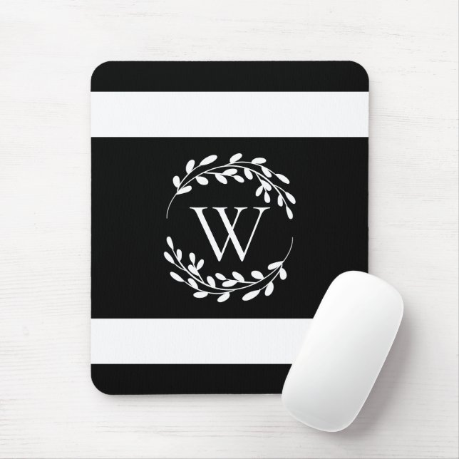 Tapis De Souris Monogramme floral noir et blanc (Avec souris)