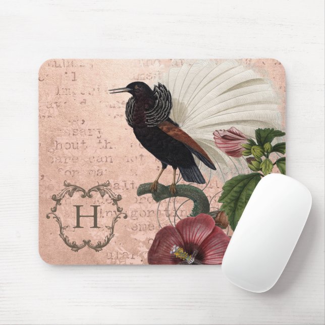 Tapis De Souris Monogramme floral rose élégant personnalisé (Avec souris)