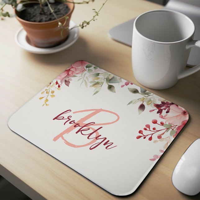 Tapis De Souris Monogramme floral rose vif bordeaux (Créateur téléchargé)