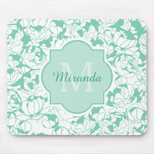 Tapis De Souris Monogramme Floral Vert Mint Moderne Avec Nom (Devant)
