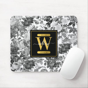Tapis De Souris Monogramme floral Vintage noir, blanc et or