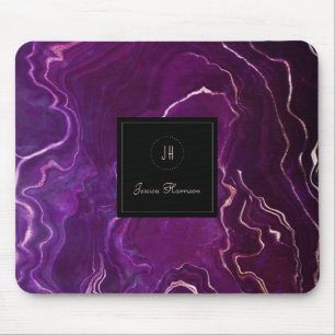 Tapis De Souris Monogramme Géode foncé violet noir Agate Abstrait