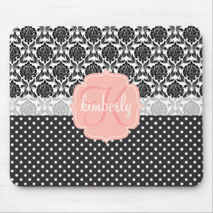 Tapis De Souris Monogramme Girly élégant de rose noir et blanc d