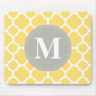 Tapis De Souris Monogramme gris Motif Quatrefoil jaune