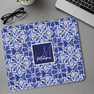 Tapis De Souris Monogramme Initial Chic Fille Bleu Gris