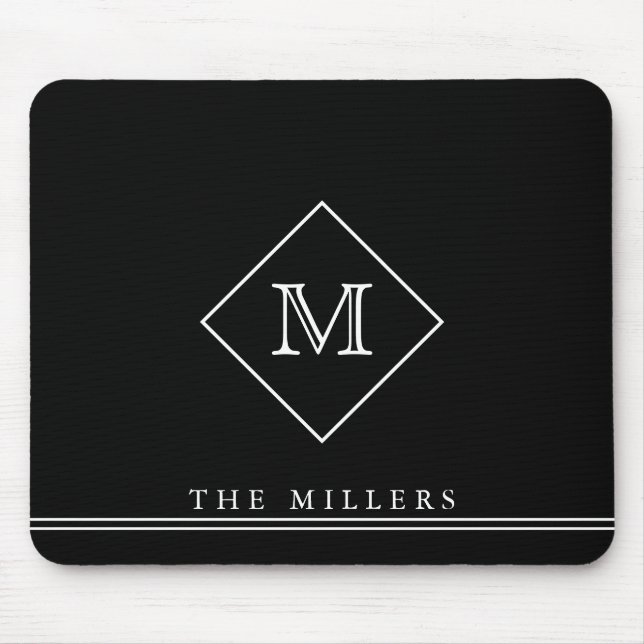 Tapis De Souris Monogramme initial de diamant, Noir personnalisé (Devant)