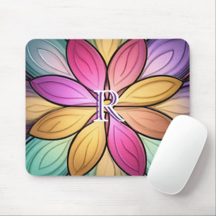 Tapis De Souris Monogramme Initial Floral Élégant en Verre Coloré