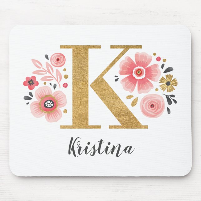 Tapis De Souris Monogramme initial rose floral (Devant)