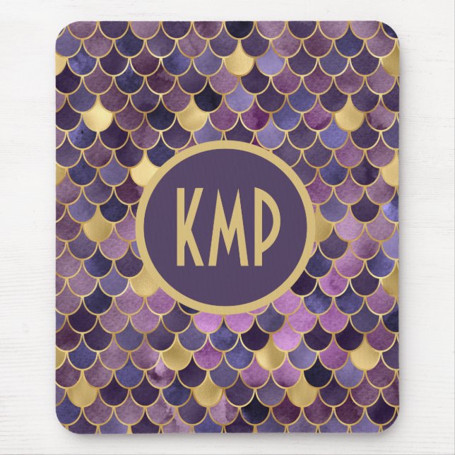 Tapis De Souris Monogramme Initiales de sirène d'or violet échelle (Devant)