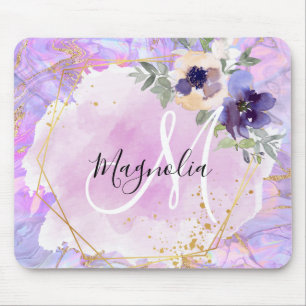 Tapis De Souris Monogramme Marbre Arc-en-ciel Violet, Rose & Or