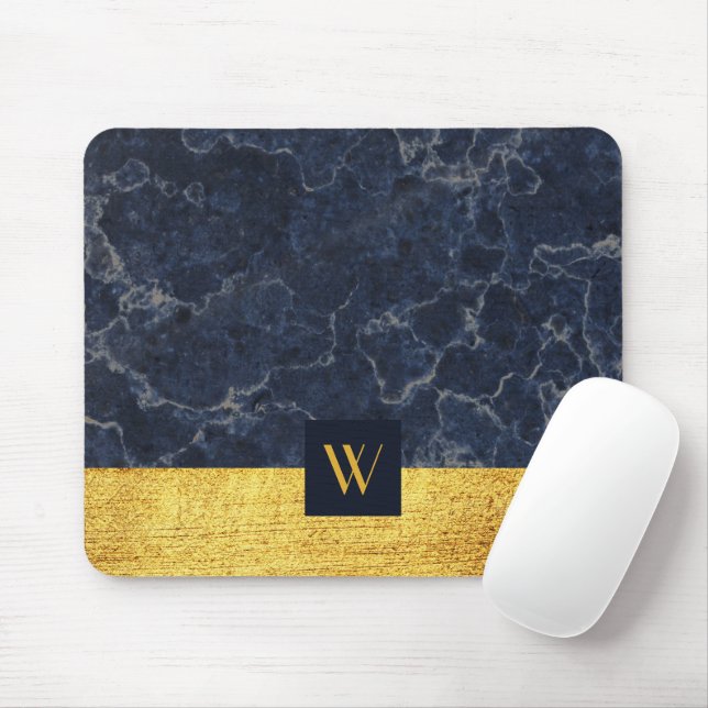 Tapis De Souris Monogramme Marbre Bleu Faux Or Texture Imprimer (Avec souris)