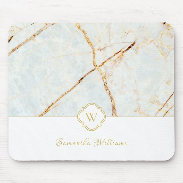 Tapis De Souris Monogramme Marbre Elégant Blanc Or Mousepad (Devant)