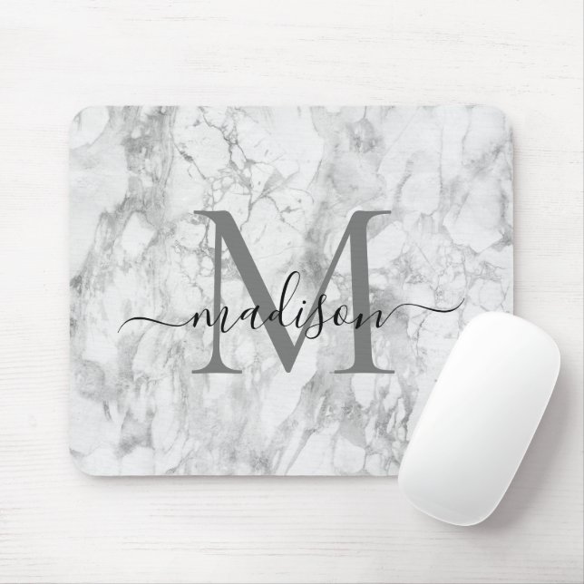 Tapis De Souris Monogramme moderne de marbre gris blanc noir (Avec souris)