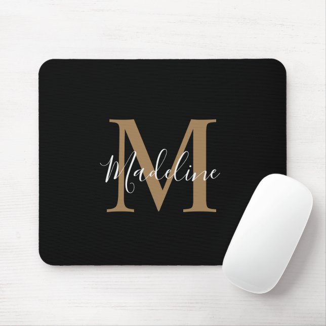 Tapis De Souris Monogramme moderne de script noir et or (Avec souris)