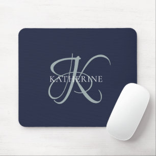 Tapis De Souris Monogramme moderne élégant Script Marine Bleu