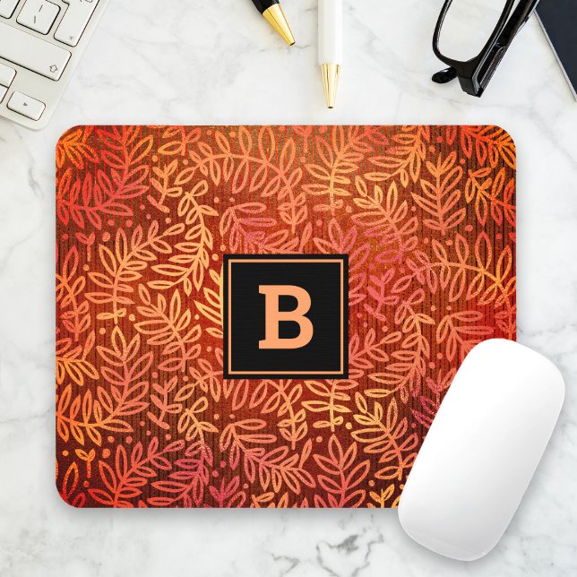 Tapis De Souris Monogramme moderne feuillage feuille motif orange  (Créateur téléchargé)