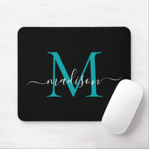 Tapis De Souris Monogramme moderne Noir Turquoise Vert Chic Girl S