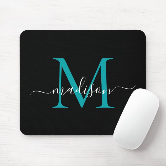 Tapis De Souris Monogramme moderne Noir Turquoise Vert Chic Girl S (Avec souris)