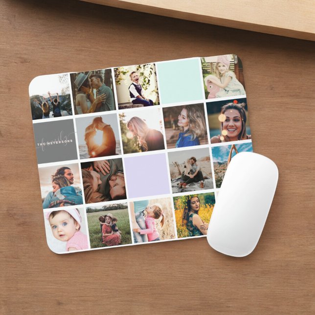 Tapis De Souris Monogramme moderne votre famille 16 photo collage  (Modern monogram your family 16 photo collage grid mouse pad)