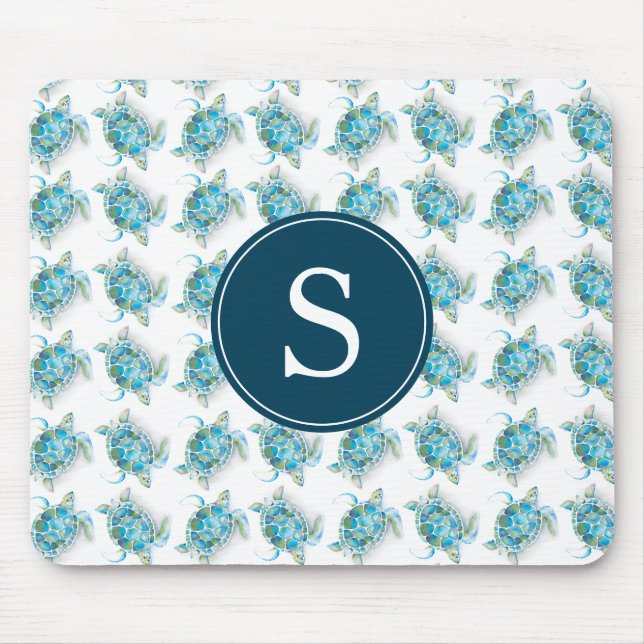 Tapis De Souris Monogramme Motif de tortue marine Turquoise bleu (Devant)